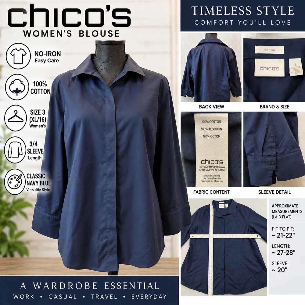 Chicos No-Iron Navy Blue Cotton Blouse 3/4 Sleeve Size 3 XL 16 Button Down Top